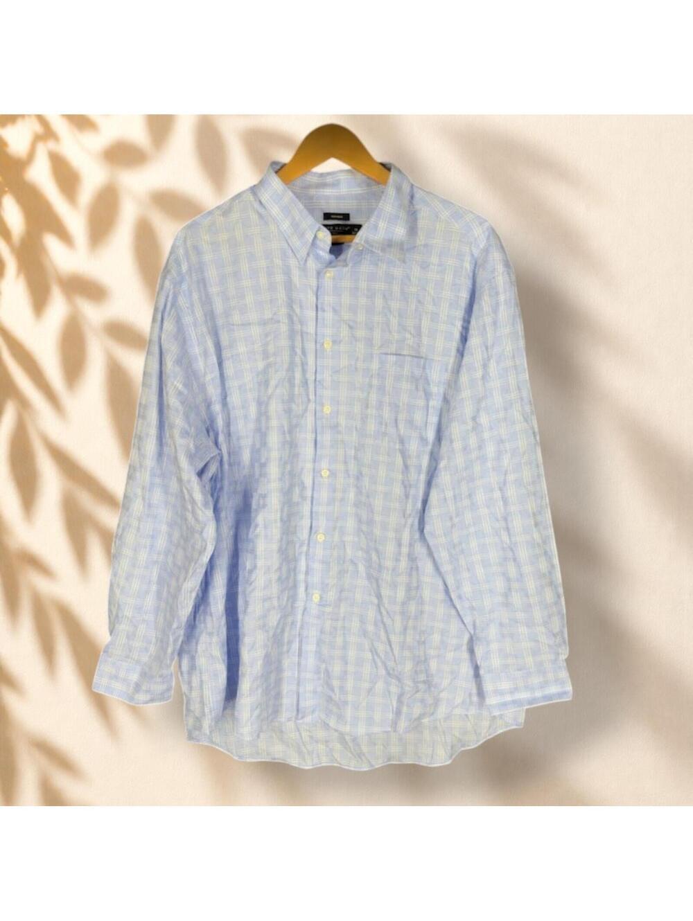 Pronto Uomo Shirt Men 34/35 Blue Plaid Button Up Collared Long Sleeve Cotton